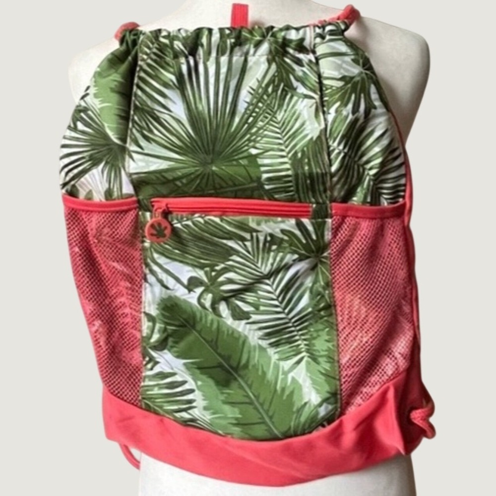 Tropical Palm Leaf Drawstring Backpack Coral Mesh Pockets Zip Pocket
